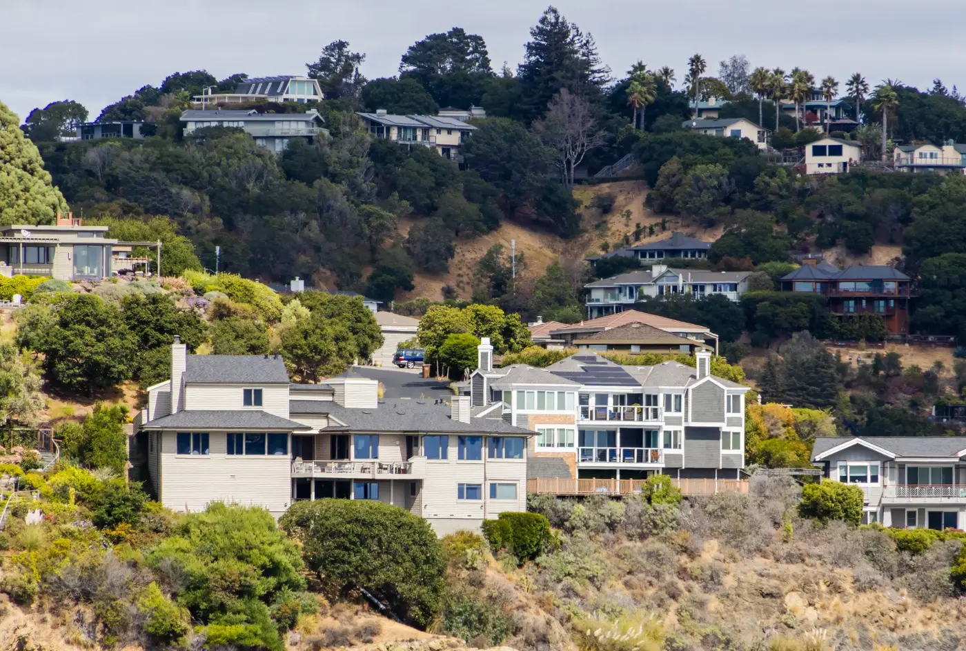 Residential homes arranged across a wooded hillside