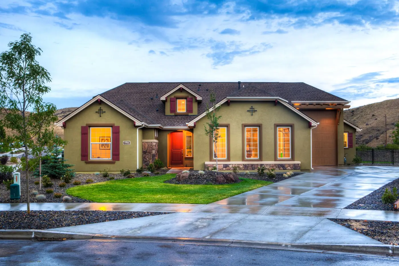 Welcoming residential home exterior at the end of the day